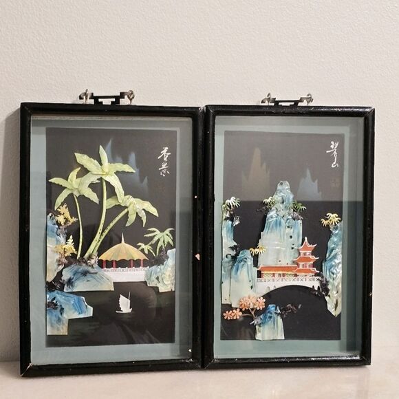 Vintage Chinese Shell Art Shadow Box Mother of Pearl Set - Picture 1 of 8